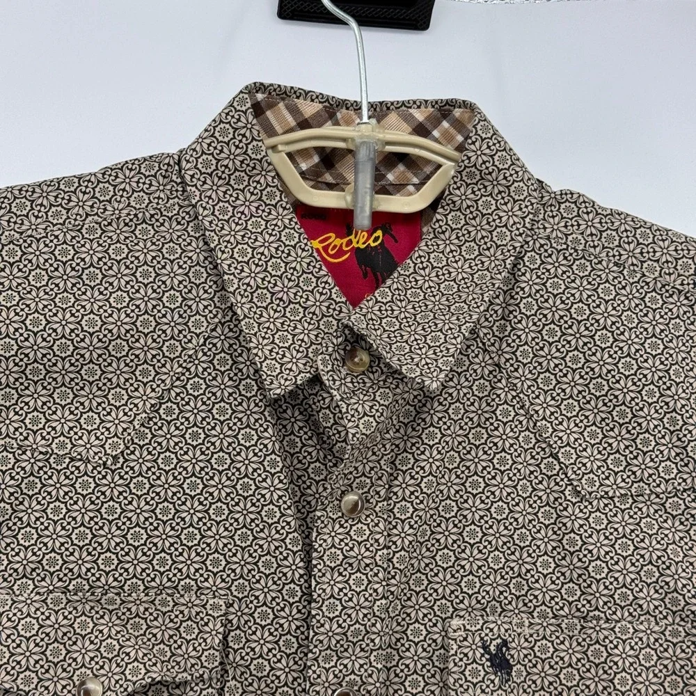 Rodeo Clothing Co Western Snap Shirt Mens L Tan Black Floral Medallion Print